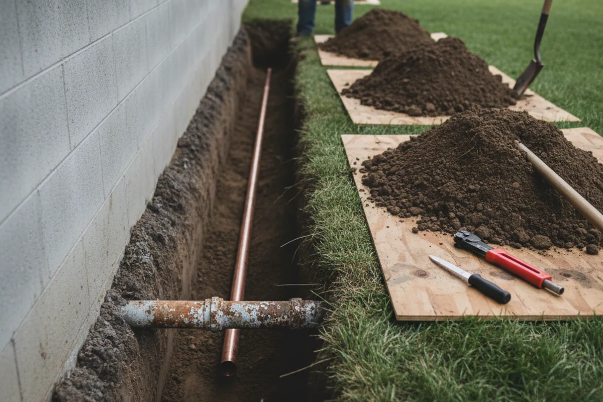 Excavated water line trench during Water Softener Installation in Morrison